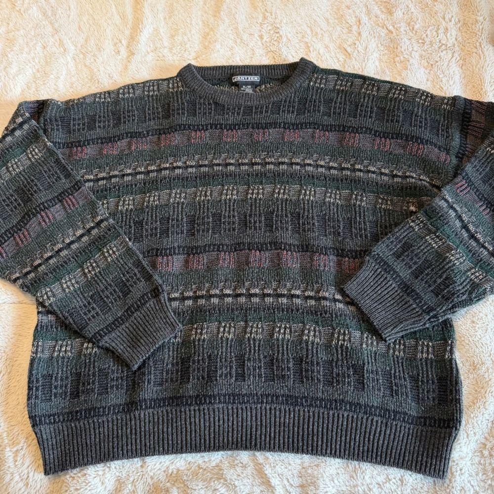 Vintage Jantzen Textured Knit Sweater Unisex Size XL Striped‎ Crewneck Pullover